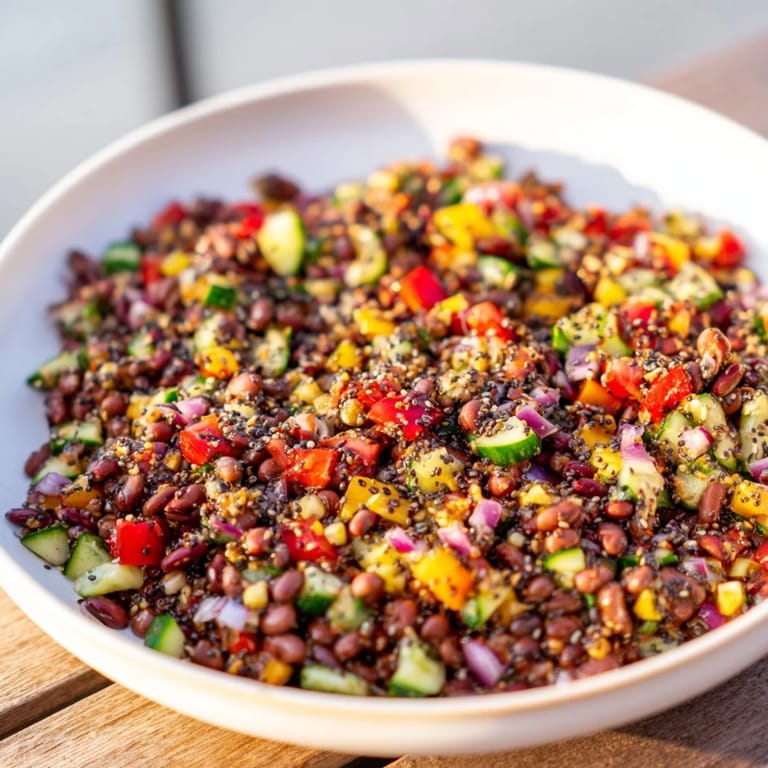 Freshly made Dense Bean Salad with visible vegetables and a light, flavorful dressing.