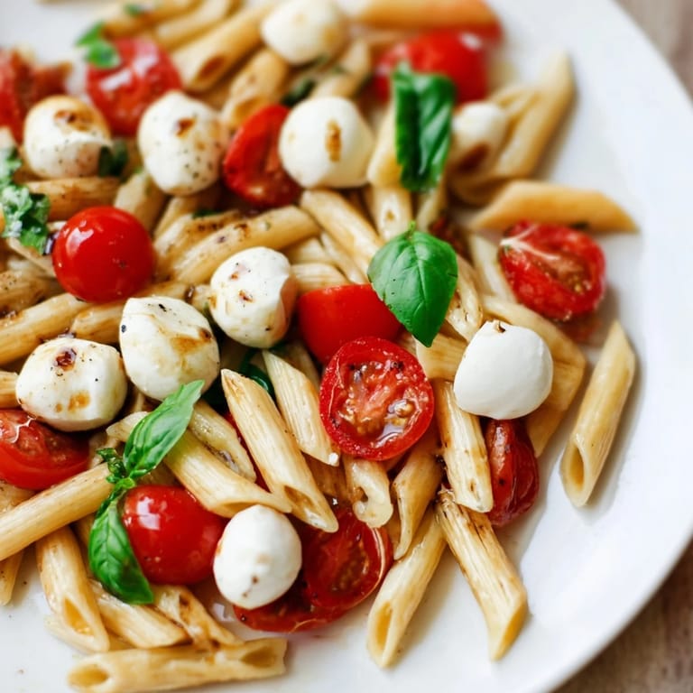 Fresh Caprese Pasta Salad, showcasing colorful cherry tomatoes and basil, ready to serve and enjoy.