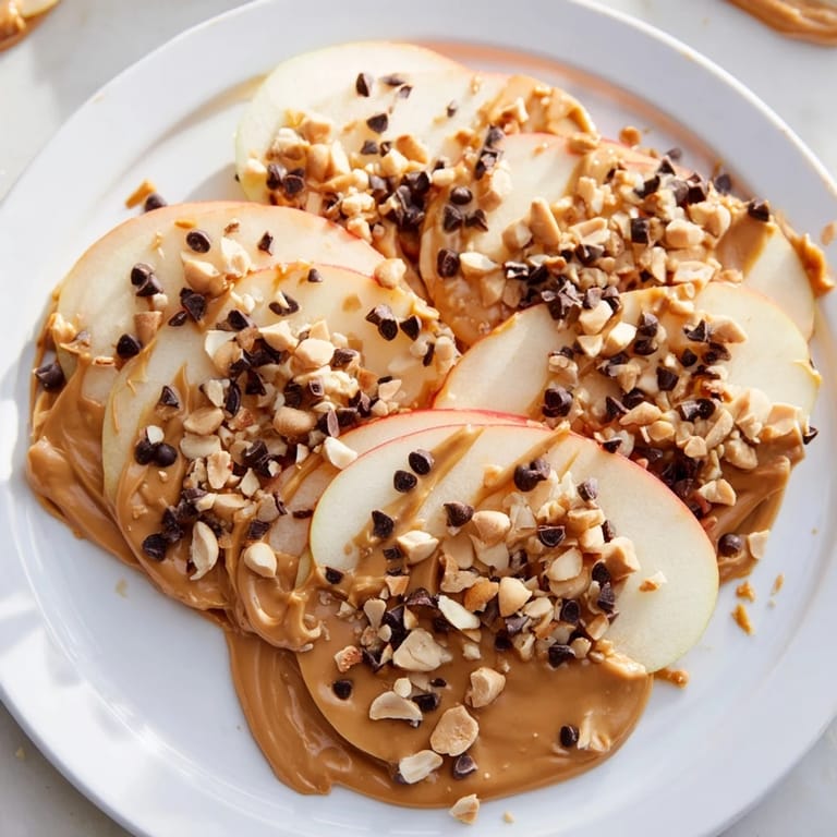 Vibrant plate of Peanut Butter Apple Nachos showcasing apple rounds, sticky peanut butter, and toppings.