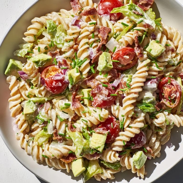Creamy BLT Pasta Salad overflowing with juicy tomatoes, crispy bacon bits, and fresh greens.