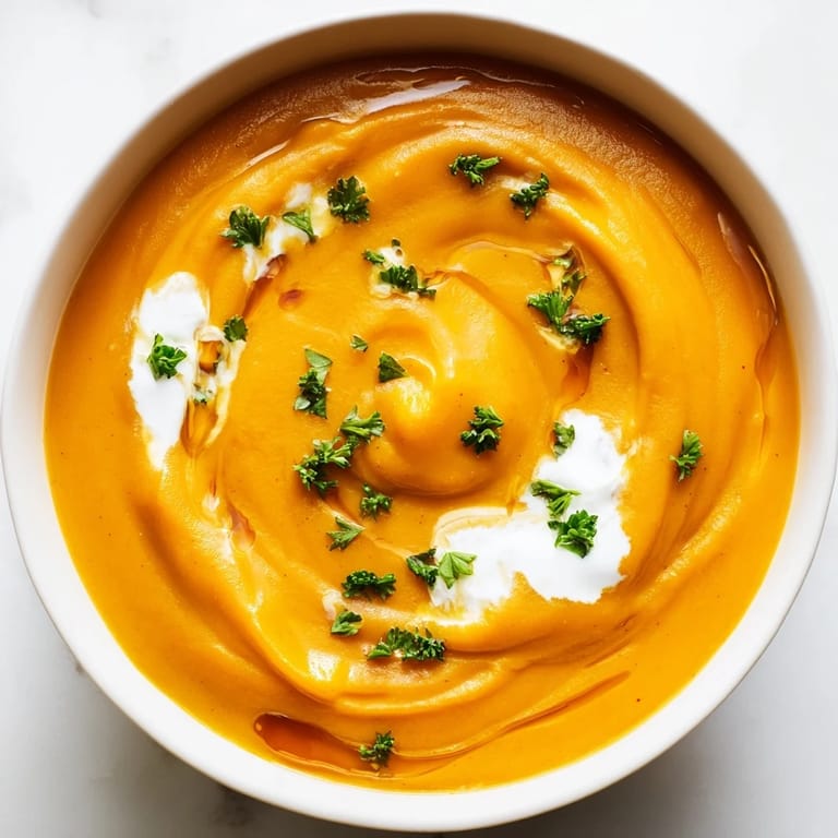 Close-up shot shows a velvety texture of Sweet Maple Carrot Soup, rich and spiced to perfection.