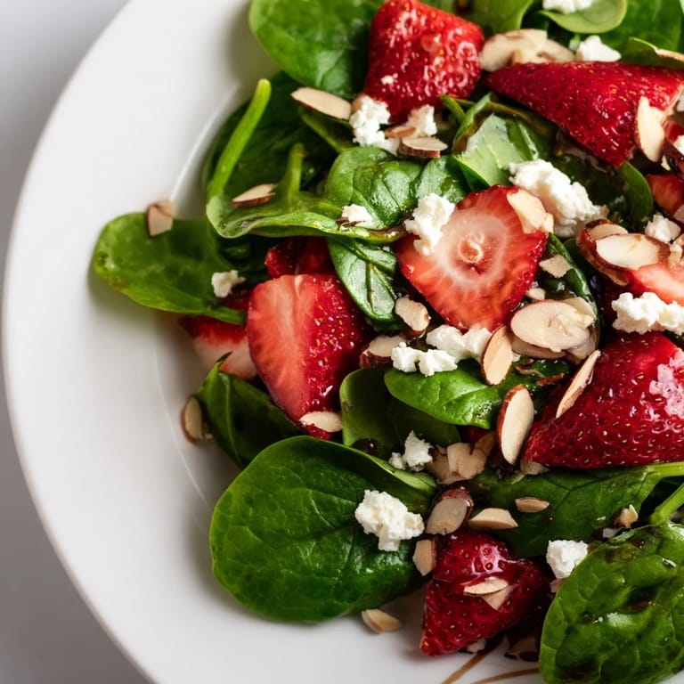 A close-up of a refreshing Strawberry Spinach Salad, showing juicy strawberries over baby spinach.