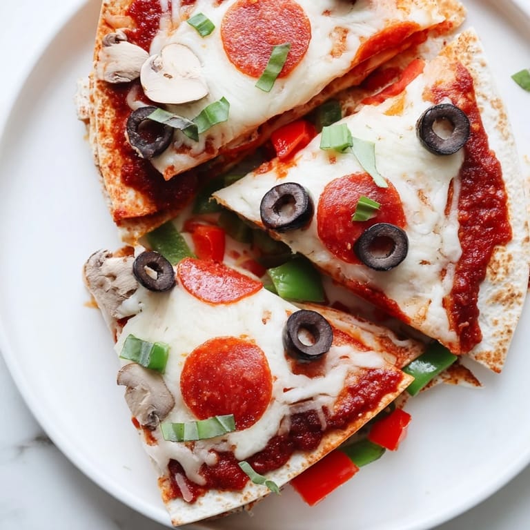 A delicious tortilla pizza wrap, layered with mozzarella, veggies, and savory pizza sauce, steaming hot.