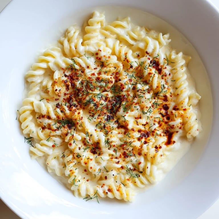 Vibrant photo of steaming Turkish Yogurt Pasta, with garlic-infused yogurt and a flavorful butter topping.