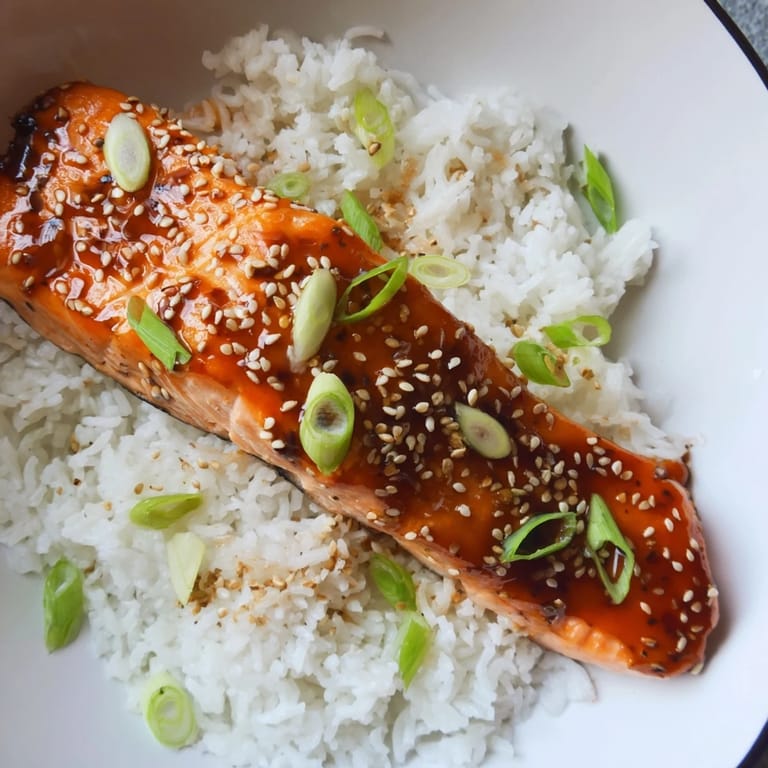 A close-up of delicious Sticky Orange Salmon served with rice and garnished with fresh scallions.