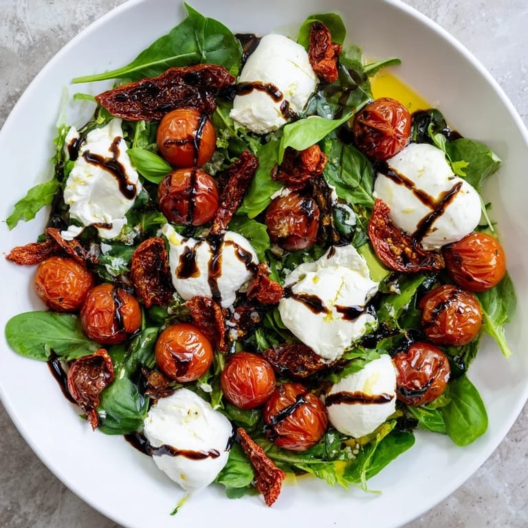 A close-up shot of the Tomato Trio Salad highlights the colorful medley of fresh ingredients.