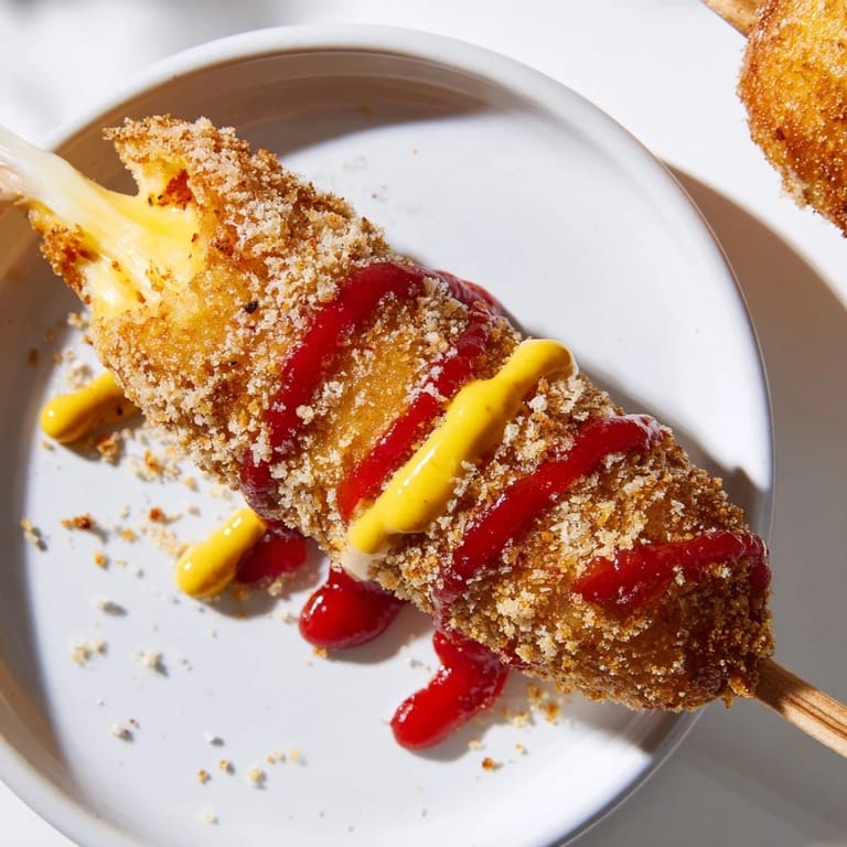 A close-up view of a freshly fried Cheesy Korean Corn Dog, ready to be devoured, displaying melty cheese.