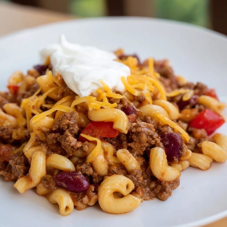 One-pot chili mac with savory ground beef and colorful bell peppers, ready to serve and enjoy.