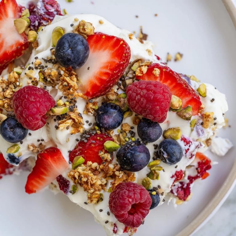 A close-up of delicious frozen fruit yogurt bark, showing fresh berries and nuts topping it off.