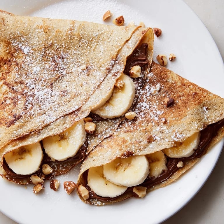 A perfectly folded dessert: Crispy Banana Nutella Wrap, dusted with powdered sugar, ready to eat.