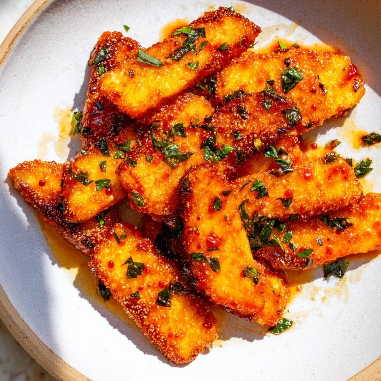 The vibrant, sizzling Hot Honey Halloumi appetizer showcasing a balanced blend of sweet and heat.