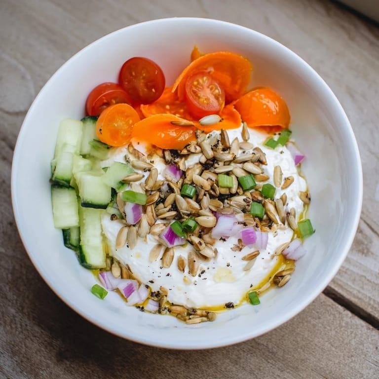 Savory cottage cheese snack bowl showcasing a mix of crunchy vegetables and sunflower seeds in a bowl.
