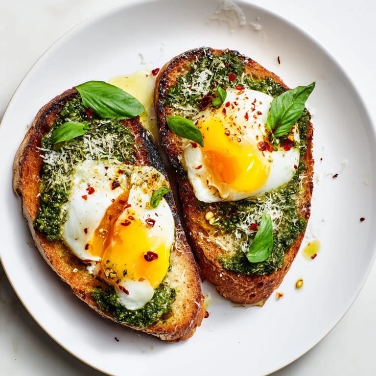 Freshly made pesto egg toast, showcasing vibrant green pesto and perfectly cooked eggs for brunch.