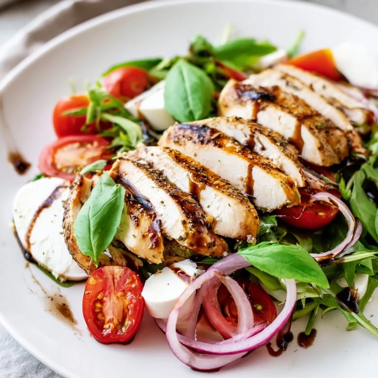 Vibrant Caprese Chicken Salad: grilled chicken, basil, and tomatoes arranged on a platter.