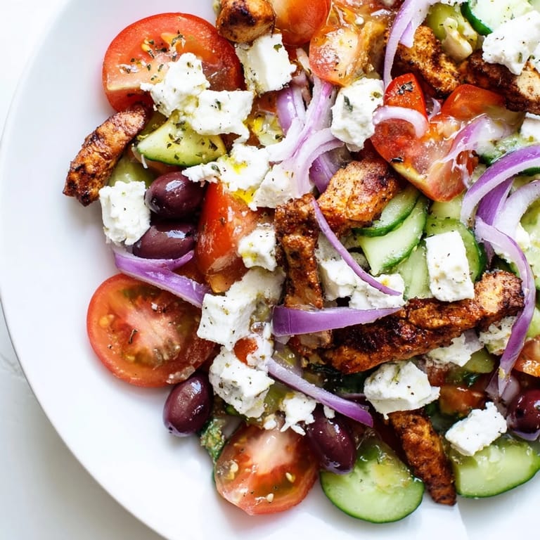 Tender grilled chicken tops a refreshing Greek salad, glistening with tangy dressing ready to eat.