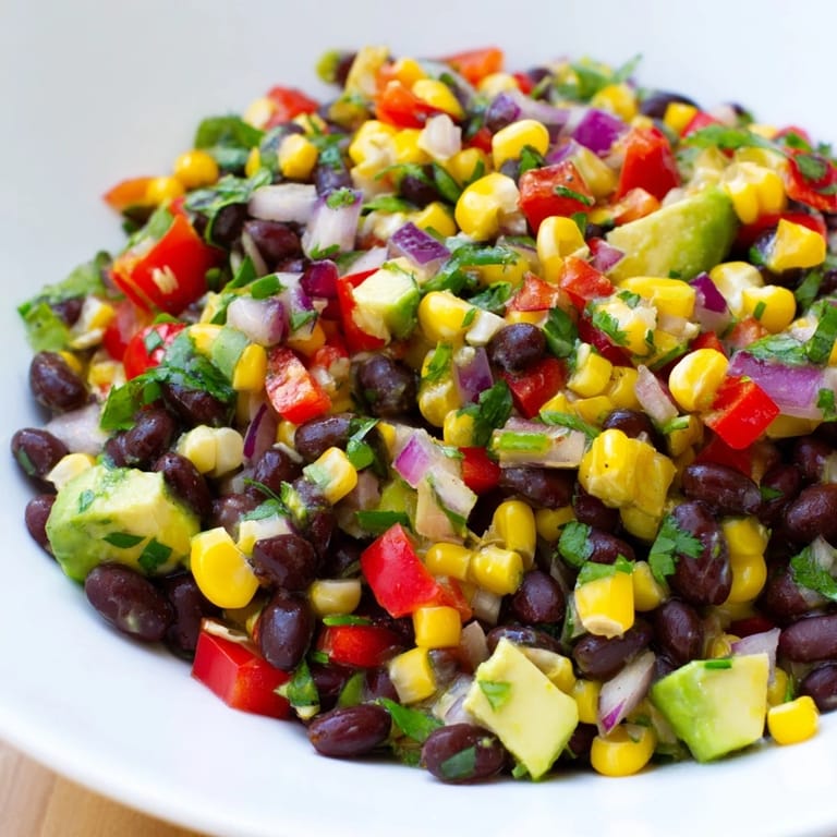 Close-up of a refreshing Southwest Black Bean Salad, boasting sweet corn and a tangy vinaigrette.