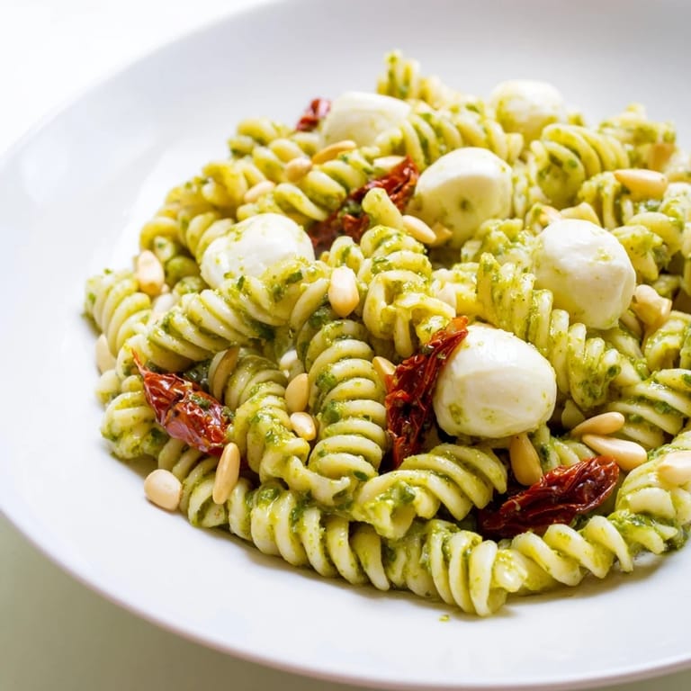 Beautifully plated pesto pasta salad filled with creamy mozzarella, perfect for a summer gathering.