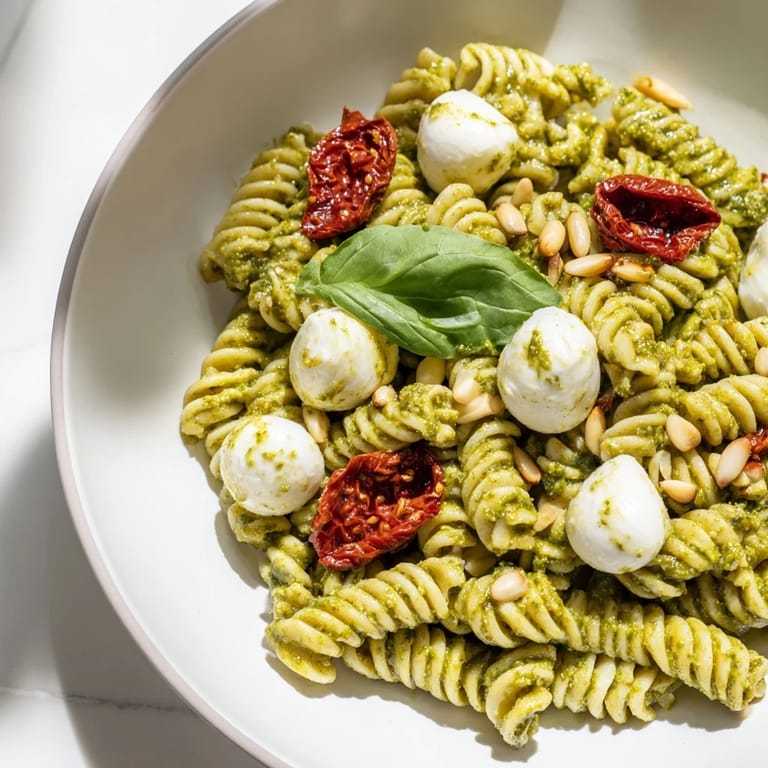 This delicious pesto pasta salad features al dente pasta with a flavorful pesto dressing.