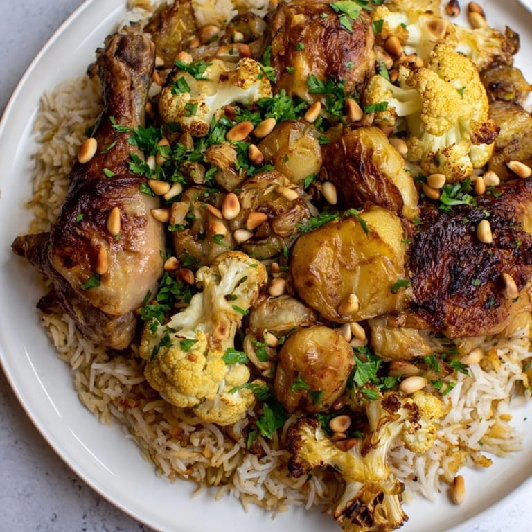 Savory Maklouba: the inverted dish reveals a symphony of textures, featuring golden cauliflower and rice.