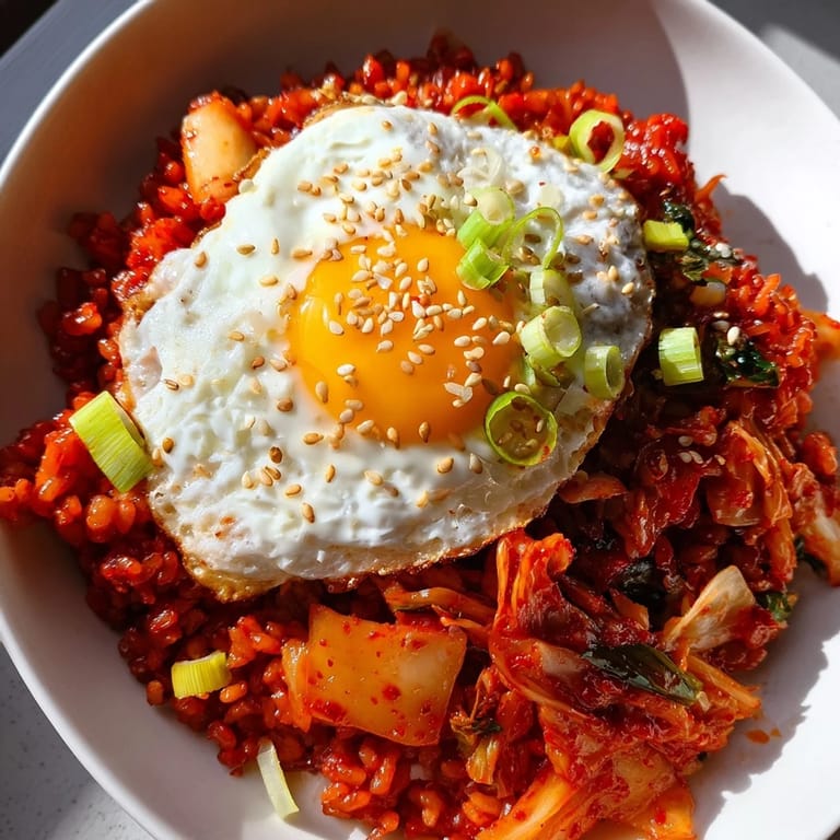A close-up of delicious, flavorful kimchi fried rice, prepared with fresh ingredients.