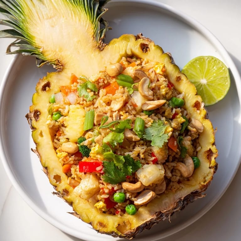 A stunning image of flavorful Pineapple Fried Rice, showcasing vibrant Thai-inspired ingredients, including sweet pineapple.