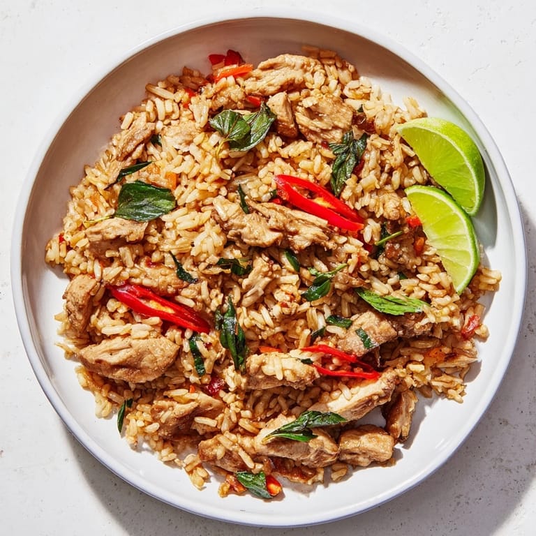 This flavorful Thai Basil Chicken Fried Rice dish features tender chicken and aromatic basil in a savory sauce.