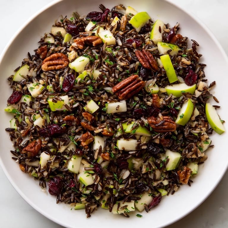 Close-up of Wild Rice Harvest Salad; the nutty rice and vibrant colors look incredibly fresh.