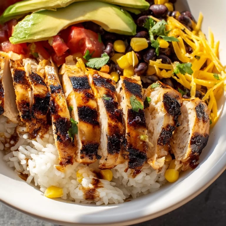 Hearty Spicy Chicken Burrito Bowl with spicy grilled chicken, rice, beans, and lime wedges for serving.