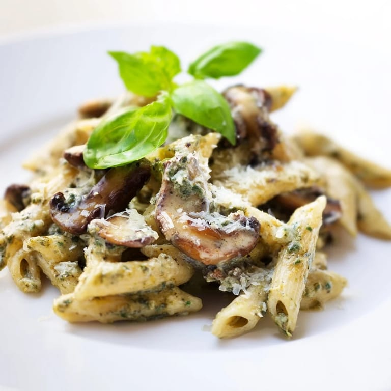 A close-up of rich Mushroom Pesto Pasta with sautéed mushrooms, creamy sauce, and fresh basil garnish.