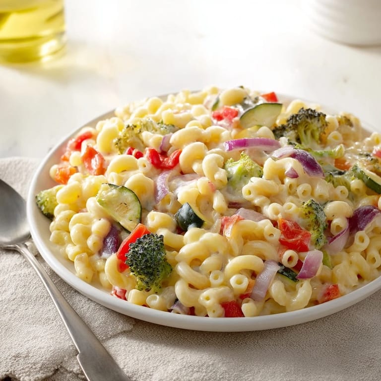 Serving suggestion of Roasted Veggie Mac & Cheese in a rustic ceramic bowl, topped with fresh parsley and a side salad.