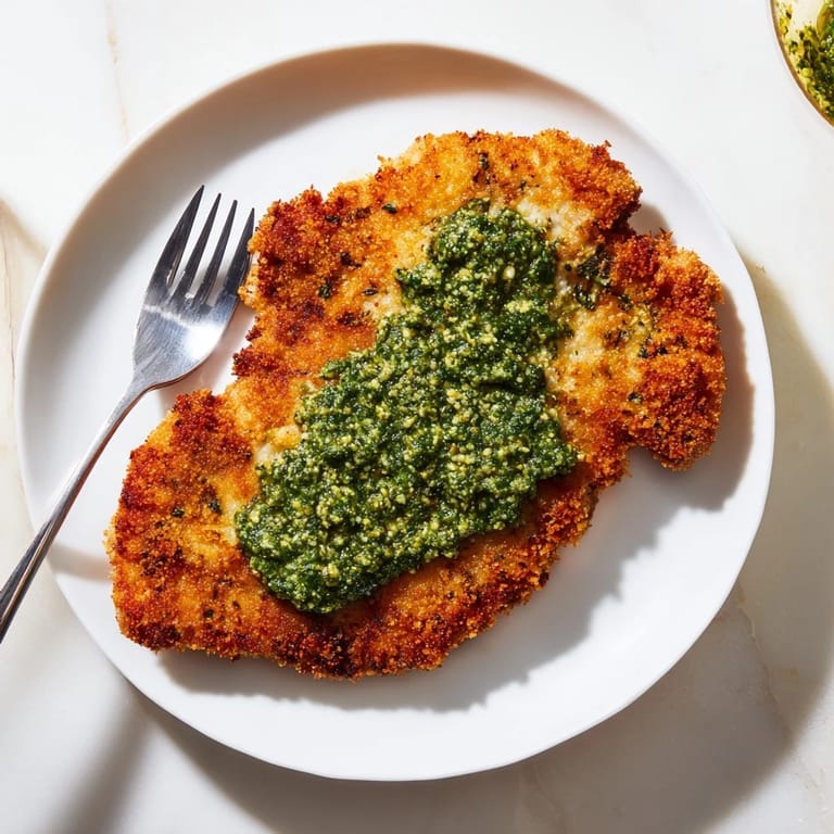 Sizzling Crispy Pesto Chicken Cutlets with golden Parmesan crumbs and fresh lemon wedges on the side.  