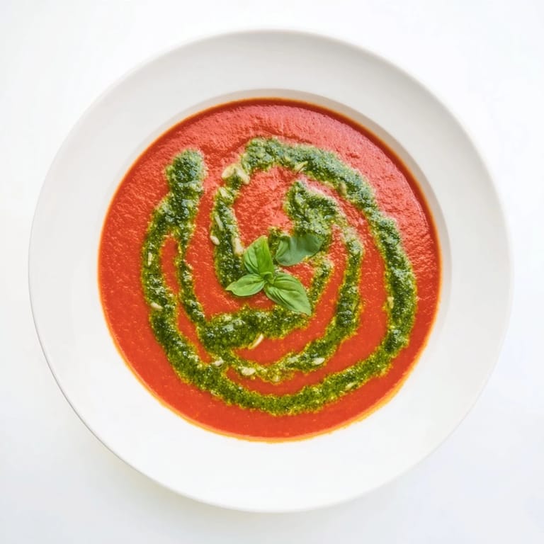 Bright red tomato soup with a vivid swirl of basil pesto, topped with pine nuts and Parmesan for an Italian-inspired finish.