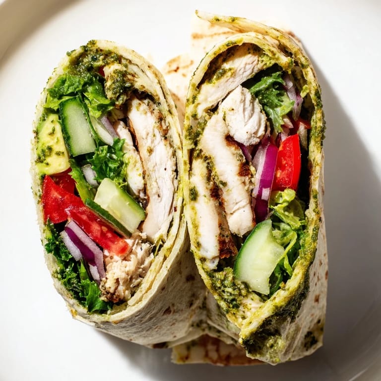 Juicy chimichurri-marinated chicken salad wrap with avocado and zesty sauce, served on a plate for a satisfying meal.