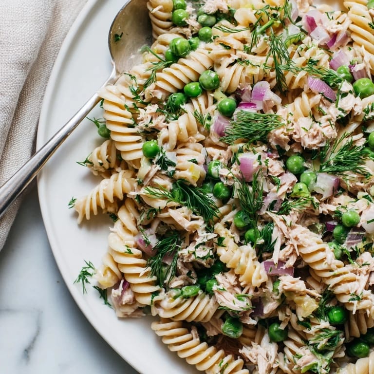 Forkful of chilled Lemony Tuna Pasta Salad featuring al dente fusilli, red onion, and a bright lemon herb dressing.  