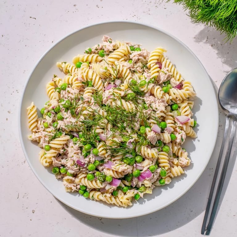 Spoon lifting a bite of Lemony Tuna Pasta Salad with peas, tuna, and cherry tomatoes, ideal for summer meals.