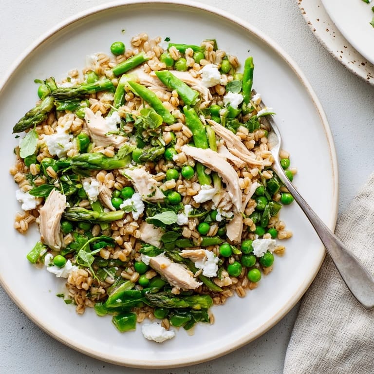 Hearty Warm Spring Farro Chicken Salad on a white plate, garnished with feta and fresh herbs, perfect for a light lunch.