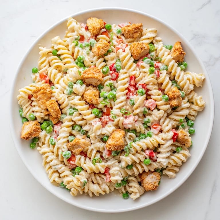 Savory Crispy Chicken Ranch Pasta Salad is served chilled, garnished with fresh dill and parsley for a refreshing lunch.  