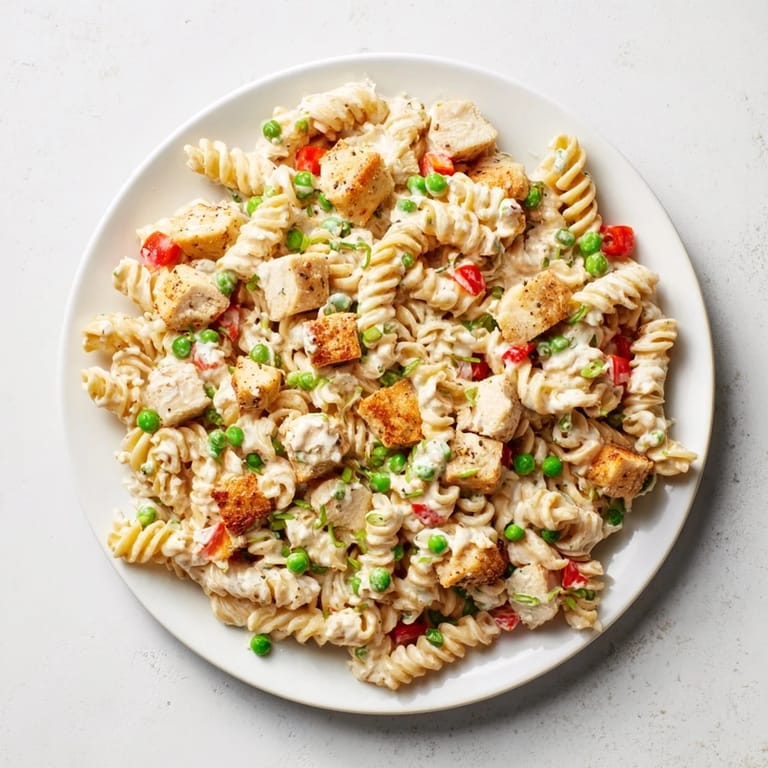 Close-up of Crispy Chicken Ranch Pasta Salad showing crunchy panko-coated chicken mixed with colorful vegetables and tender pasta.