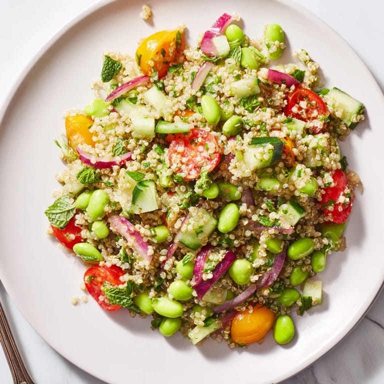 Hearty Edamame and Quinoa Salad in a white bowl features cherry tomatoes, cucumber, and fresh herbs, perfect for a healthy American lunch.