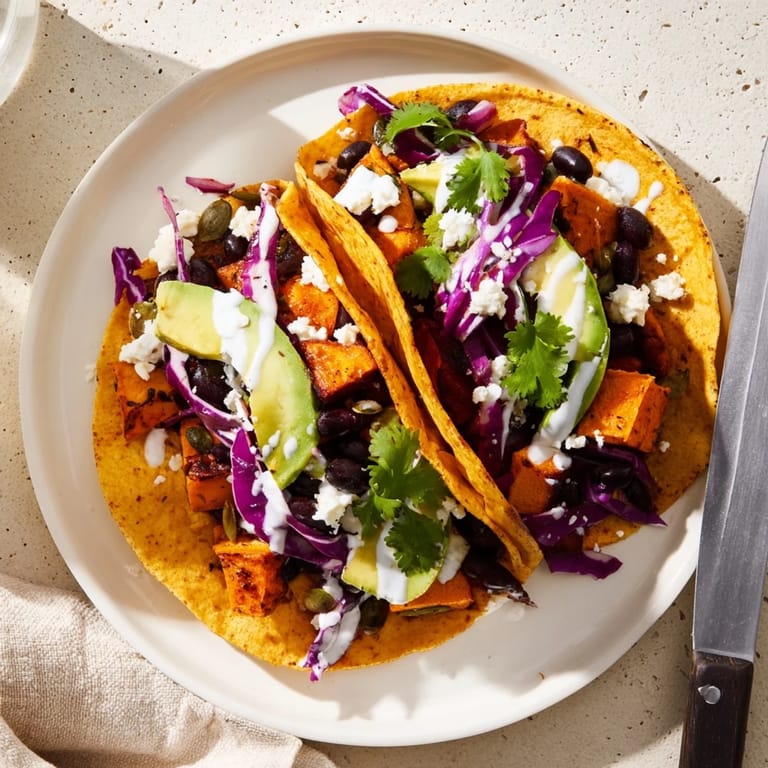 Freshly assembled vegan black bean and sweet potato tacos served with lime wedges on a rustic plate.
