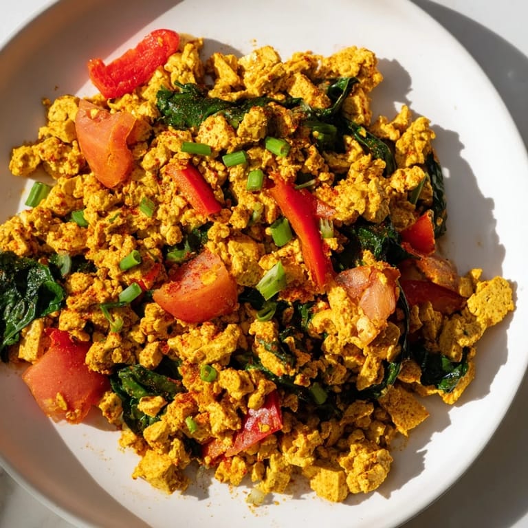 A hearty skillet of Tofu Scramble featuring crumbled tofu, sautéed onions, bell peppers, and wilted spinach, perfect for a vegan brunch.