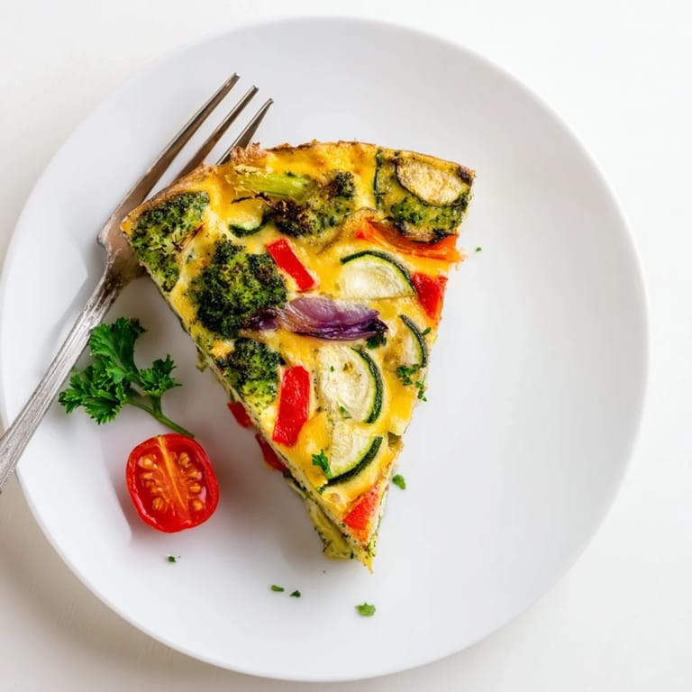 Colorful, cheesy Vegetable Frittata ready to serve, garnished with fresh parsley and perfect for a light dinner.