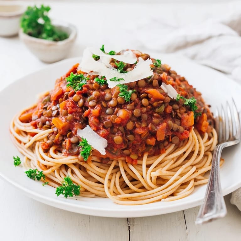 Serving of Lentil Bolognese with spaghetti and a sprinkle of vegan Parmesan, perfect for a wholesome family meal.