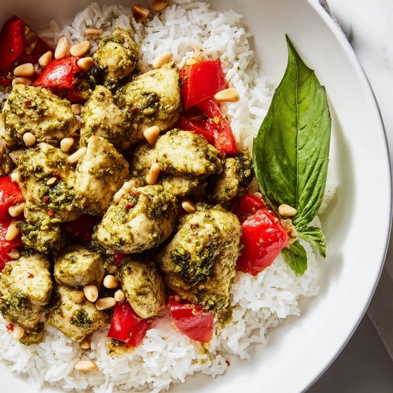 A close-up shows tender pesto chicken beside juicy tomato chunks and toasted pine nuts, ready to serve over warm rice.