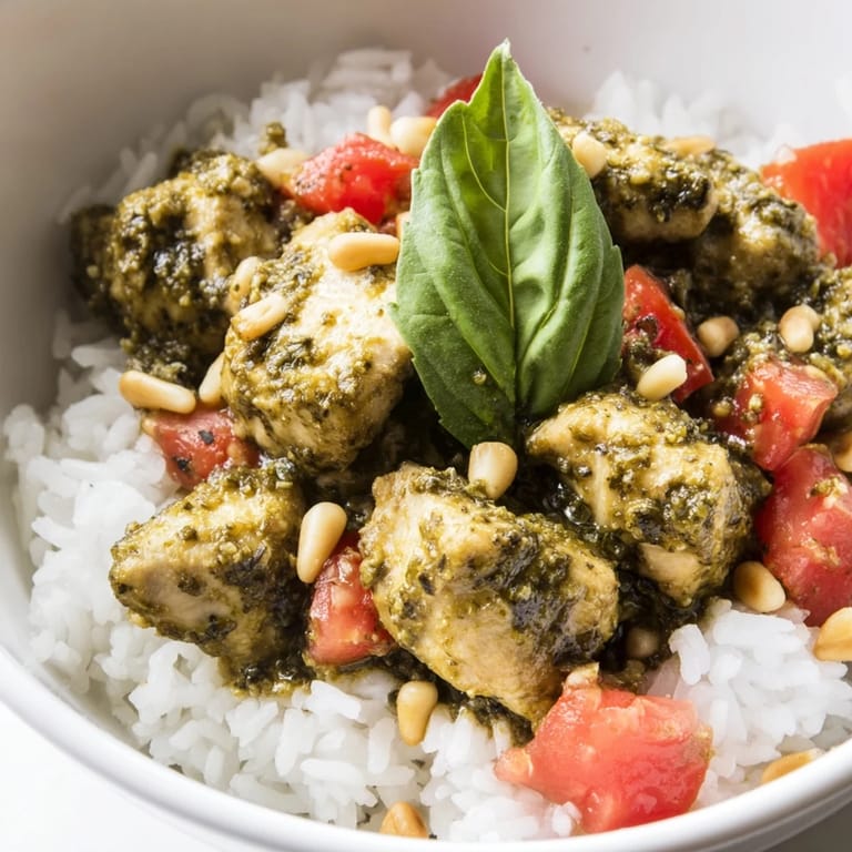 A vibrant bowl of Chicken Pesto Rice Bowl garnished with fresh basil leaves, featuring golden chicken and tomatoes on rice.