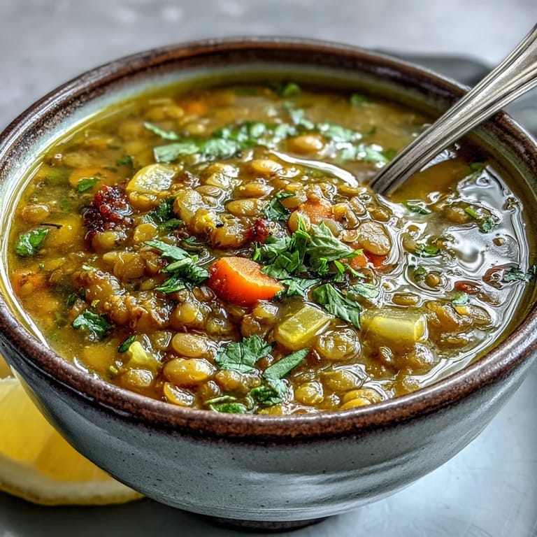 Savory mung bean soup, steaming hot and ready to be enjoyed with a squeeze of lemon.