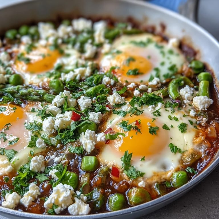 Creamy Pea and Broad Bean Shakshuka featuring tender vegetables and baked eggs, served hot.