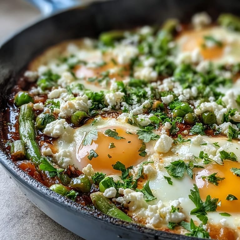 Hearty Pea and Broad Bean Shakshuka, a flavorful vegetarian dish perfect with crusty bread.