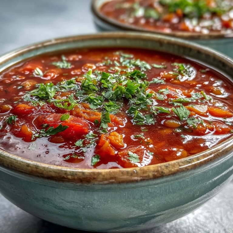 Savory Tomato Lentil Soup simmering in a pot, perfect for comfort.