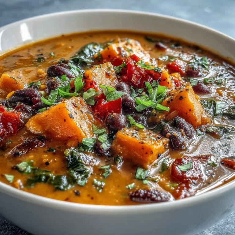 Visually appealing sweet potato and black bean soup, ready to be served with lime.